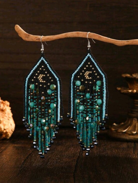 Hand Crafted Jewelry - Bohemian Teal Beaded Earrings